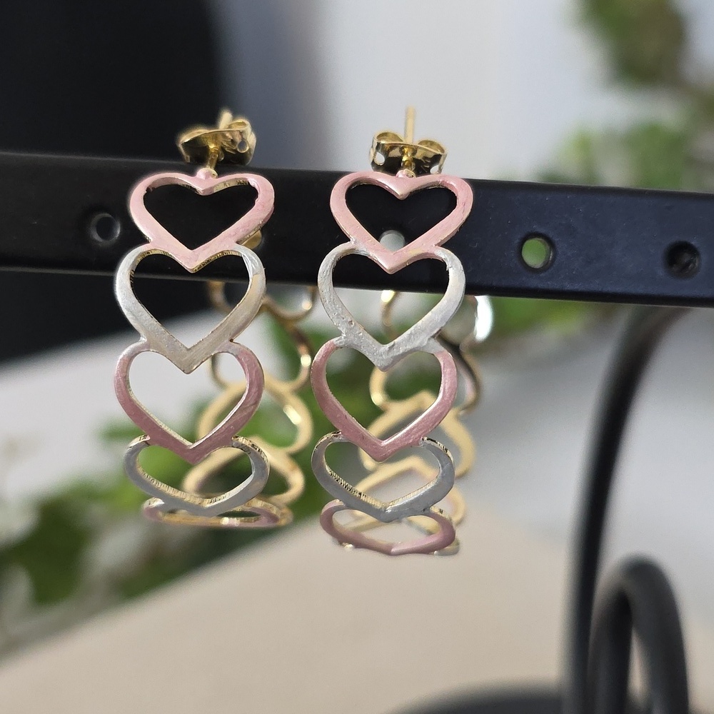 Gold Tricolor Open Heart Link Hoop Earrings